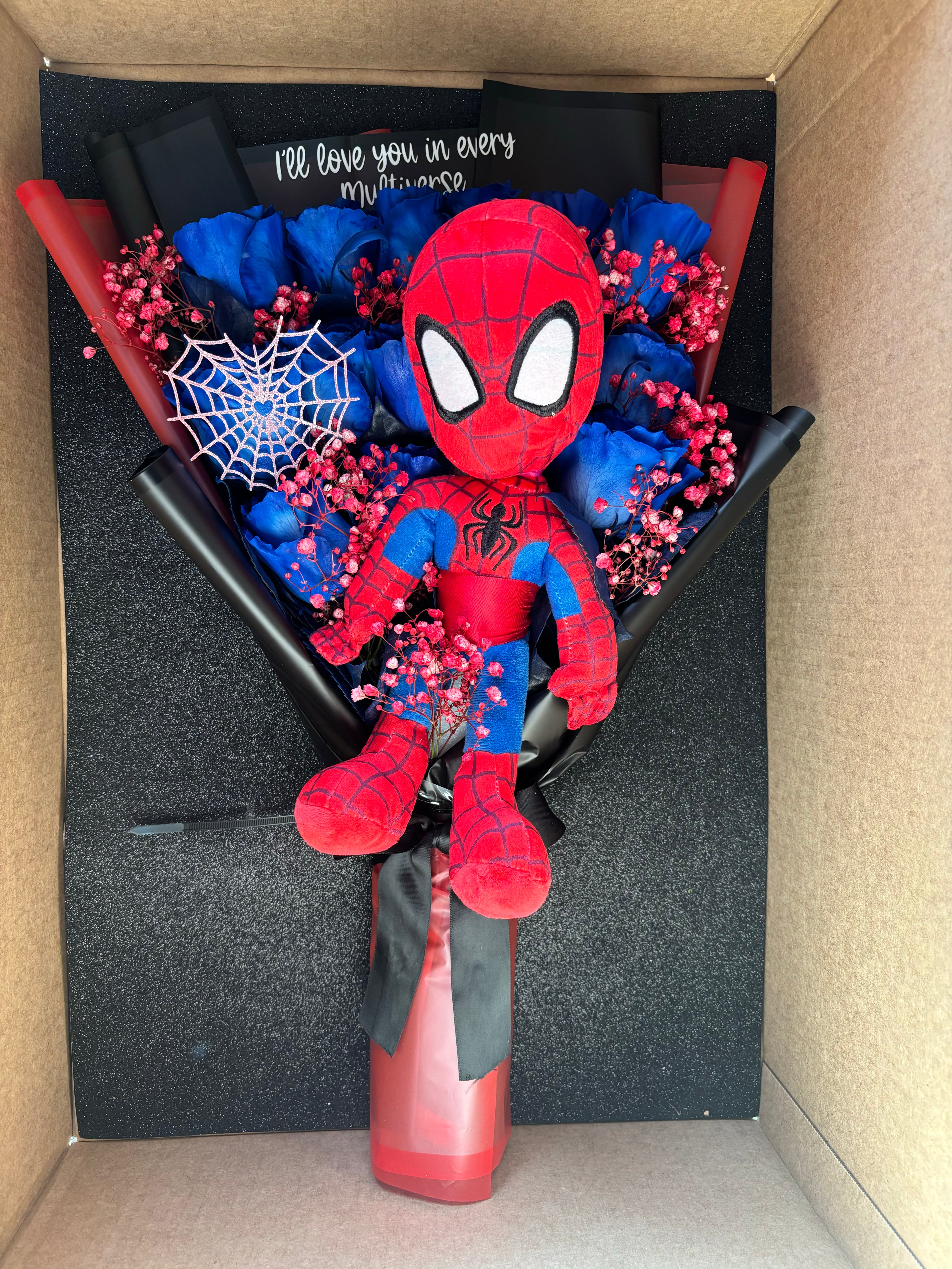 1 dozen Blue roses + spidey plush for him <3♥️🕸️🕷️