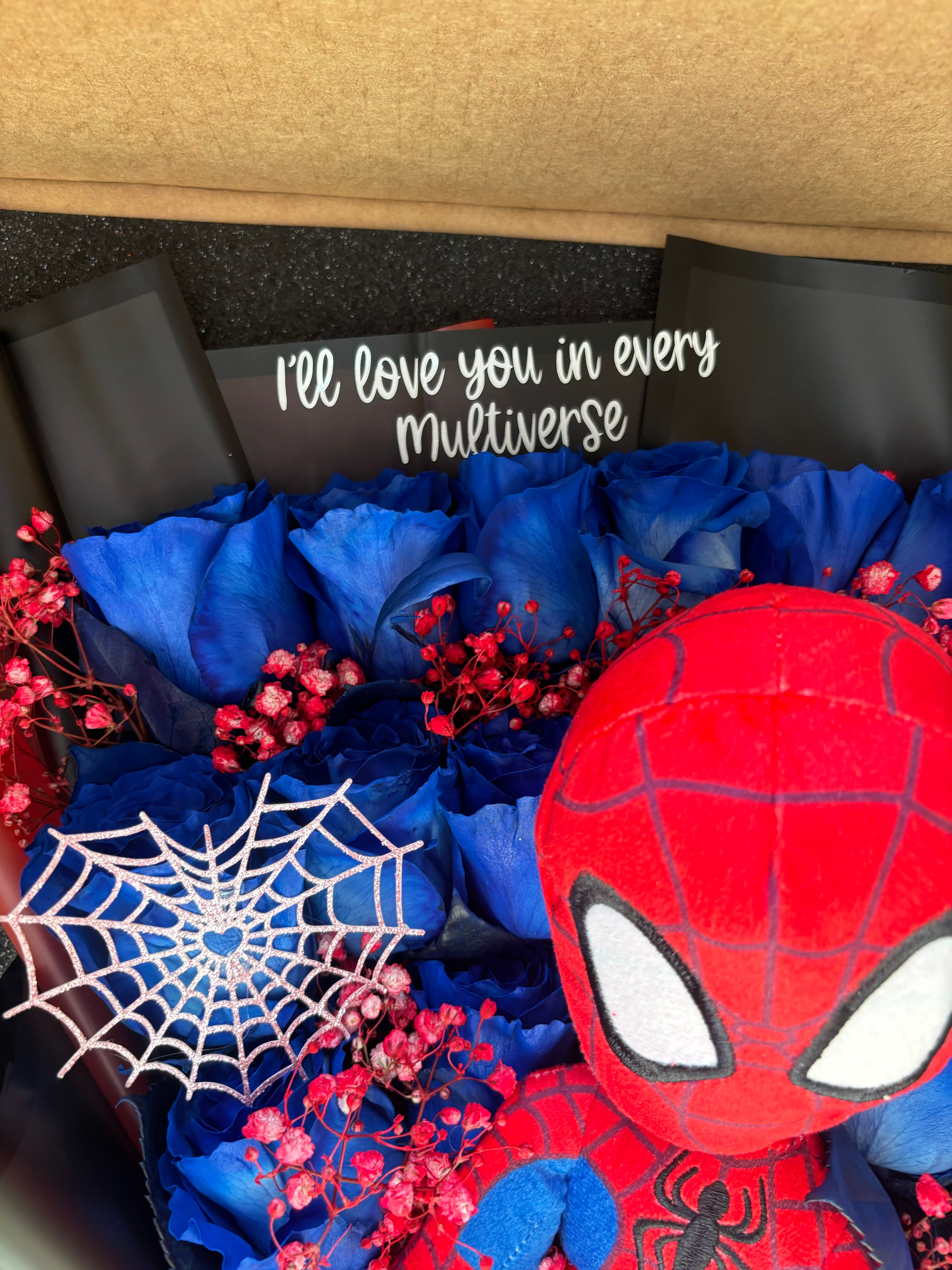 1 dozen Blue roses + spidey plush for him <3♥️🕸️🕷️