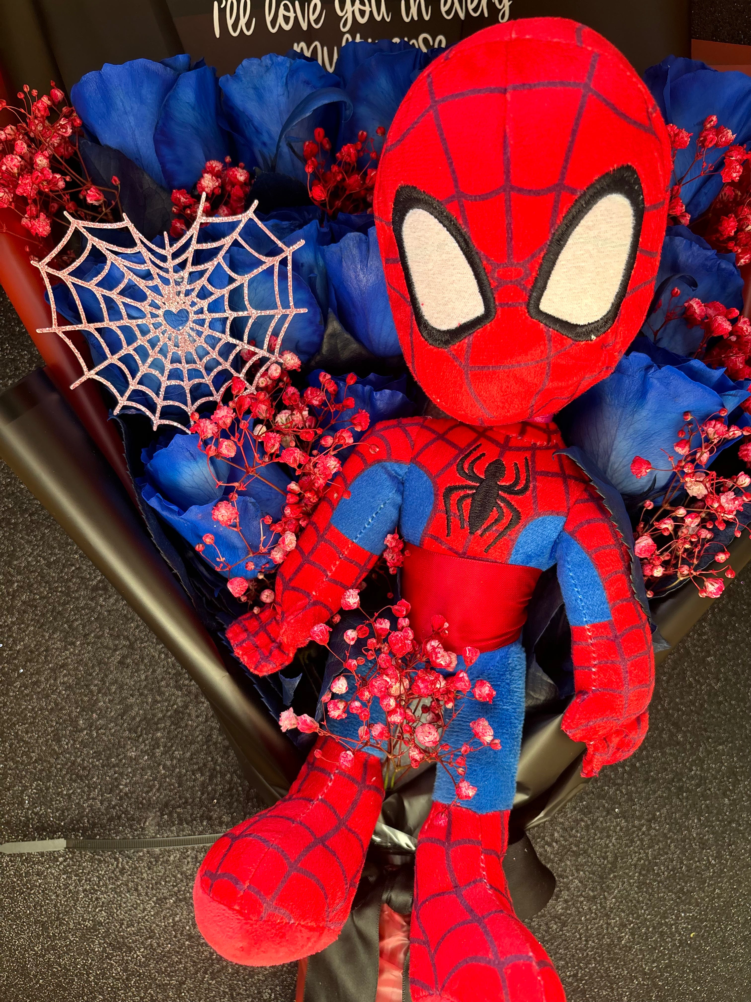1 dozen Blue roses + spidey plush for him <3♥️🕸️🕷️