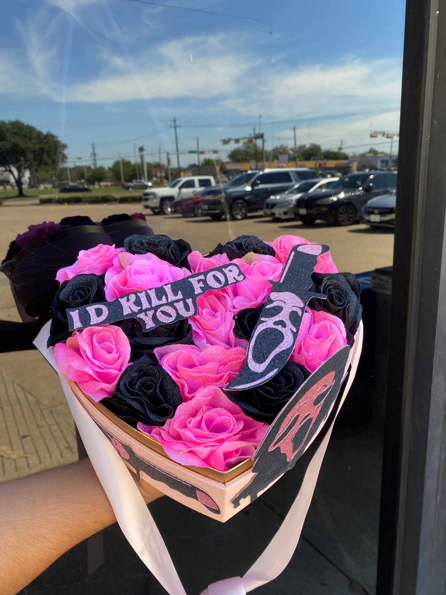 Artificial pink & black glitter flower box spooky 🖤✨