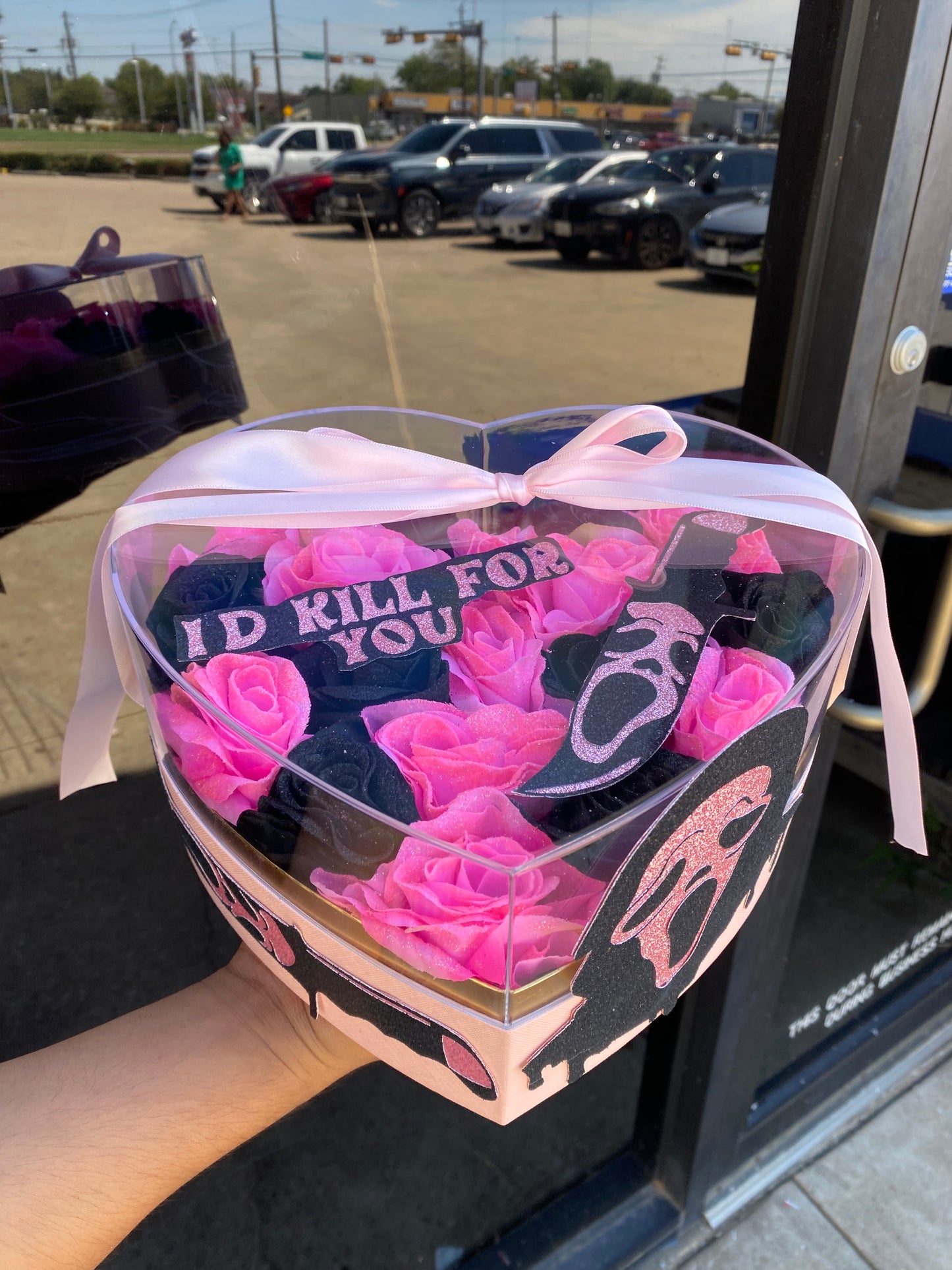 Artificial pink & black glitter flower box spooky 🖤✨