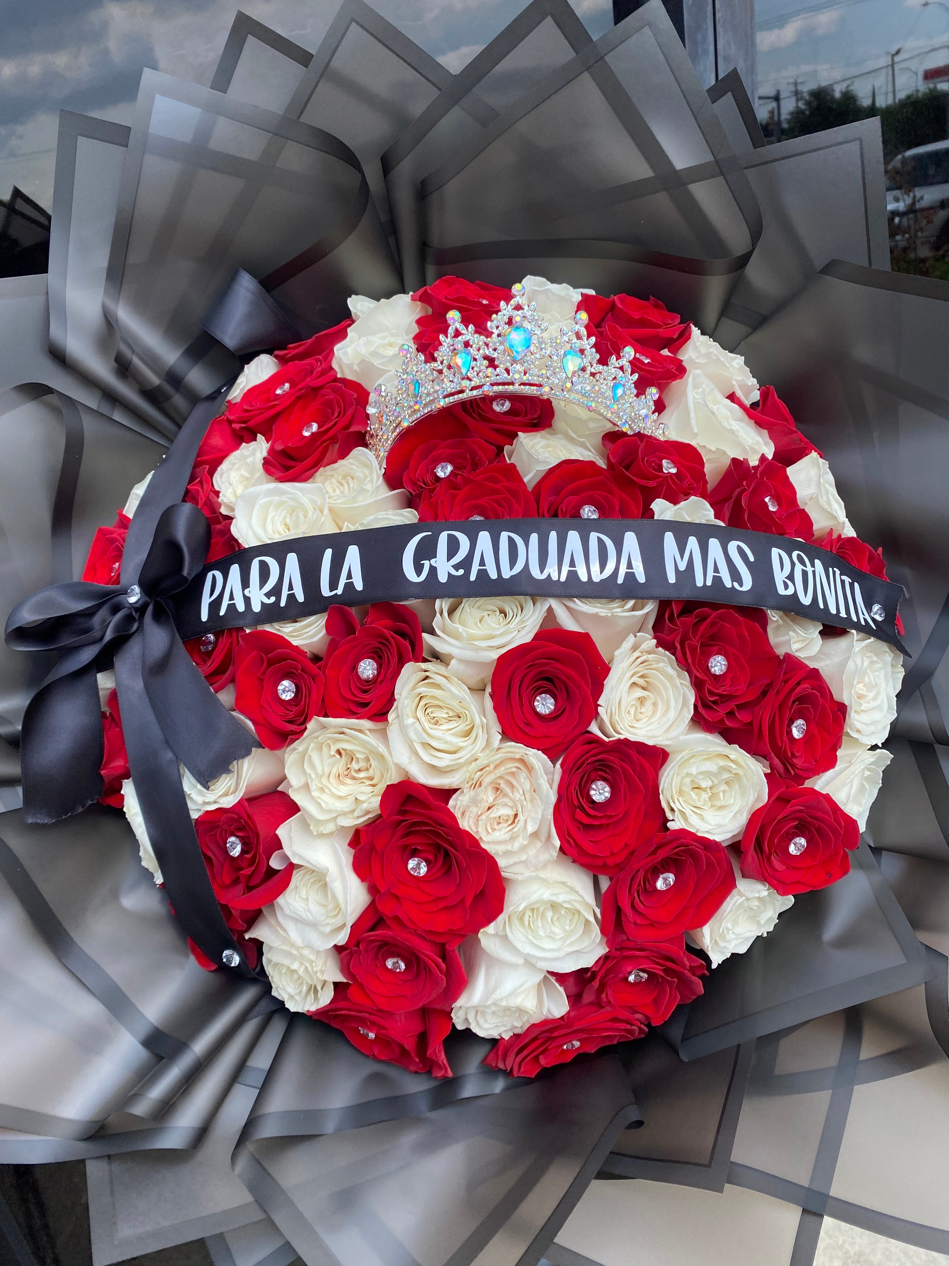 も*も様 Flower ribbon tops Red 50 Red Roses w/Crown & Ribbon arranged by a florist in San Jose