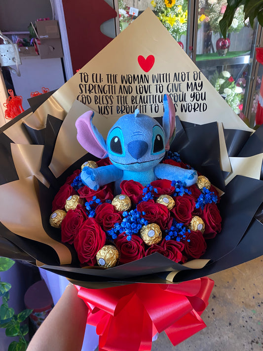 24 roses + stitch plush + blue babysbreath 💙
