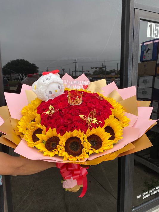Hello kitty Plush surrounded by 50 roses + Sunflower Rim around