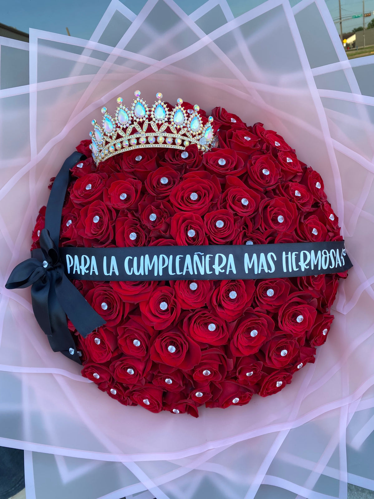 Red Ribbon Rose Ramo 75 RED Rose Ramo BUCHON Queen Ribbon wording ️ – bouquetsbyrubyhtx