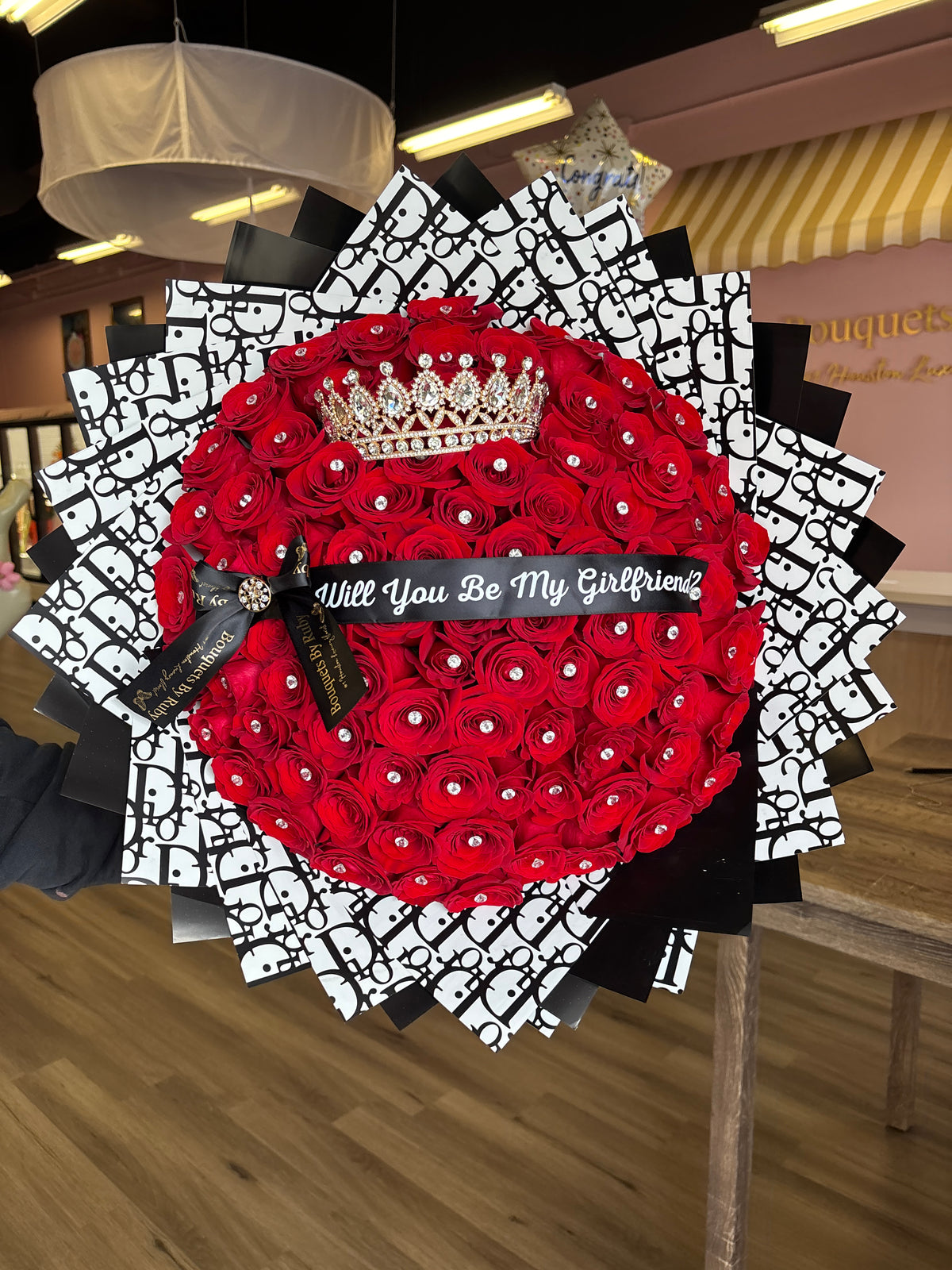 75 RED Rose ramo buchon with diamonds