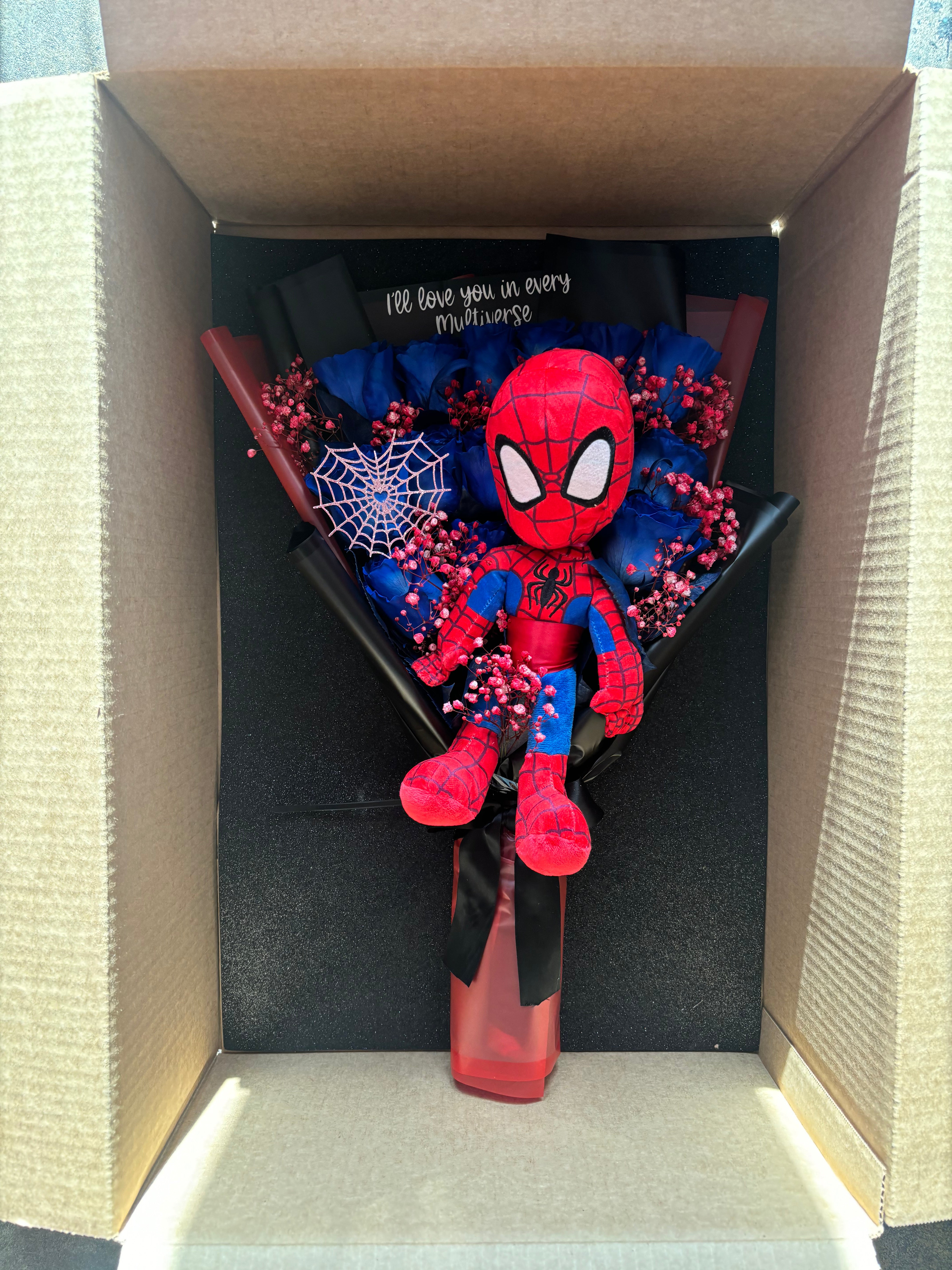1 dozen Blue roses + spidey plush for him <3♥️🕸️🕷️