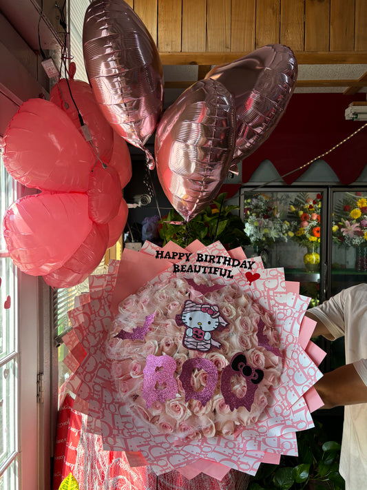 60 rose Hello kitty Deluxe with 3 BOO BALLONS💝💅🏻