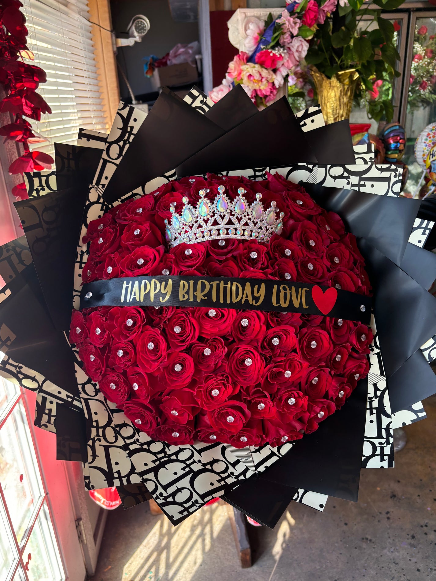 75 RED Rose ramo buchon with diamonds – bouquetsbyrubyhtx