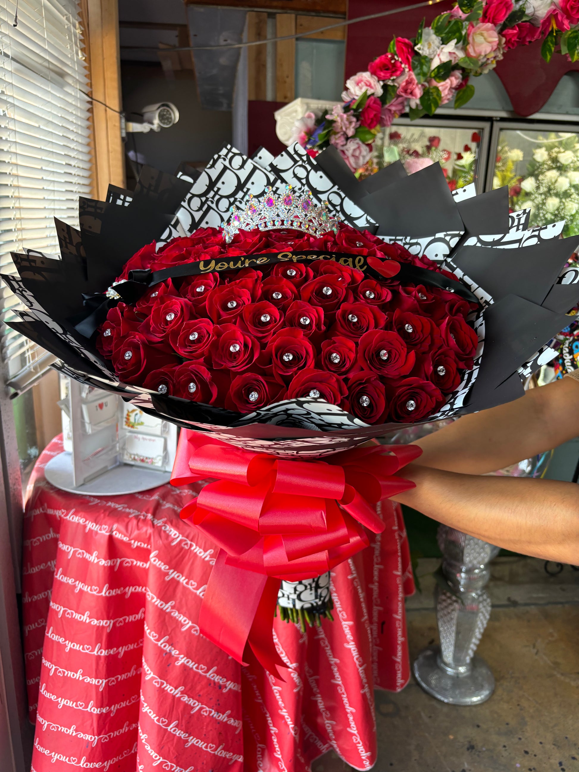 75 RED Rose ramo buchon with diamonds – bouquetsbyrubyhtx