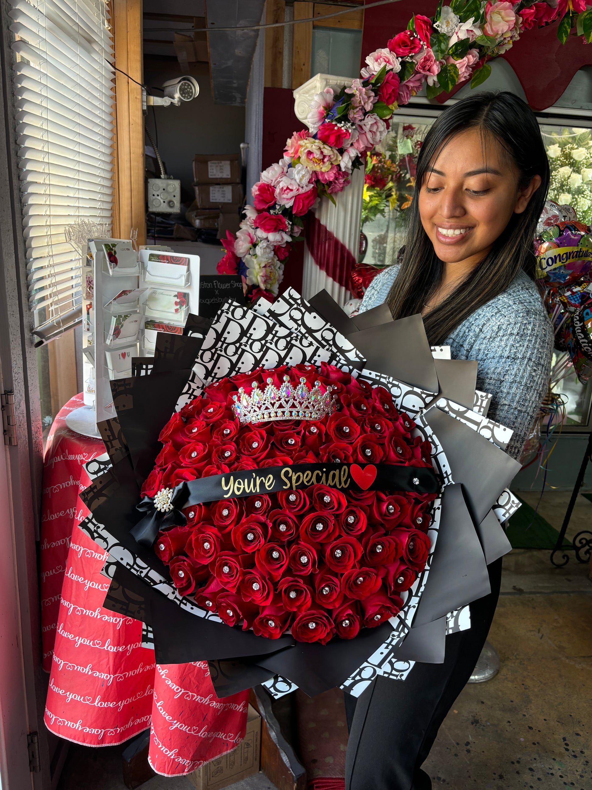 75 RED Rose ramo buchon with diamonds – bouquetsbyrubyhtx