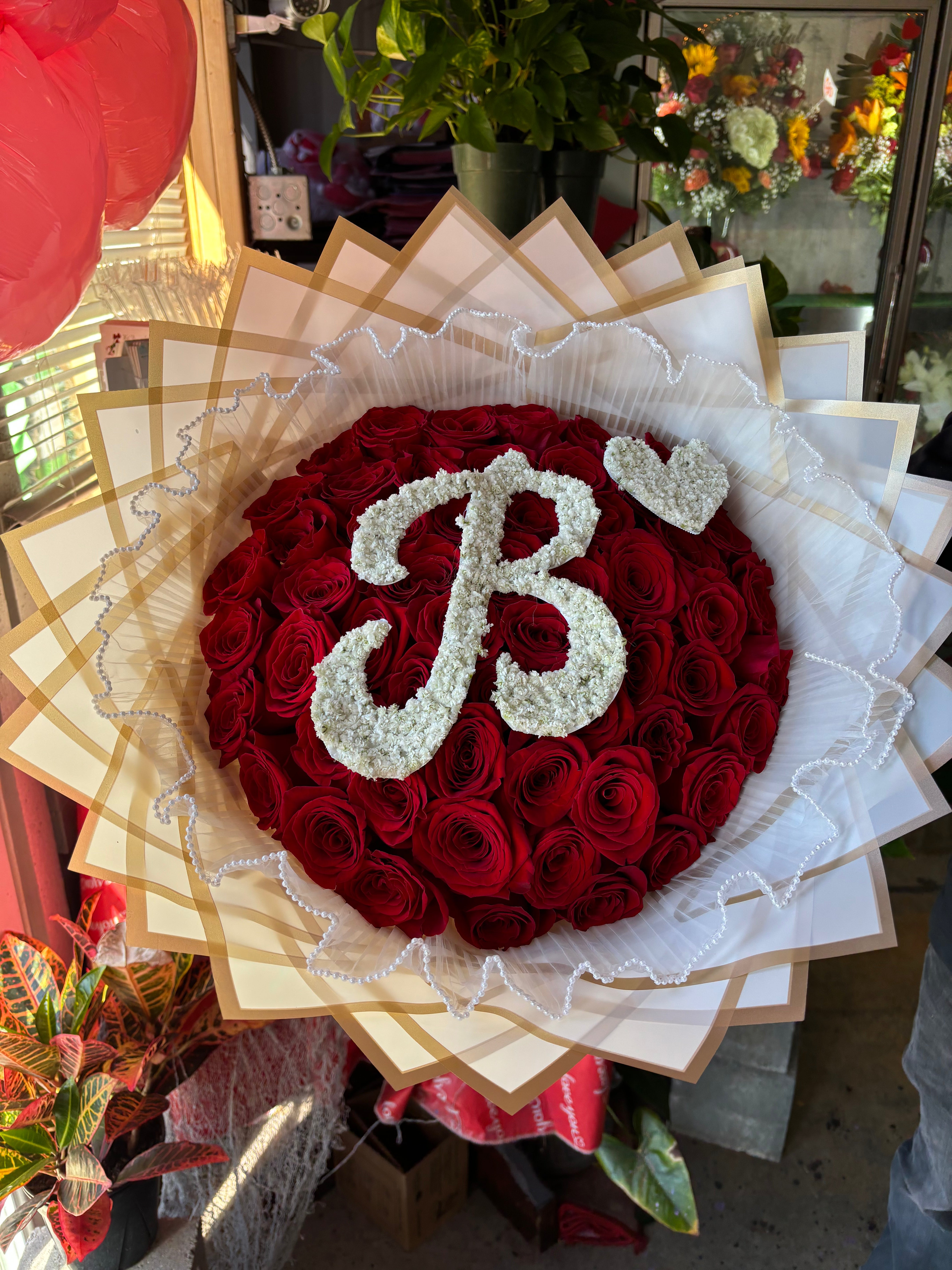 50 Red roses with Initial babysbreath Letter ♥️