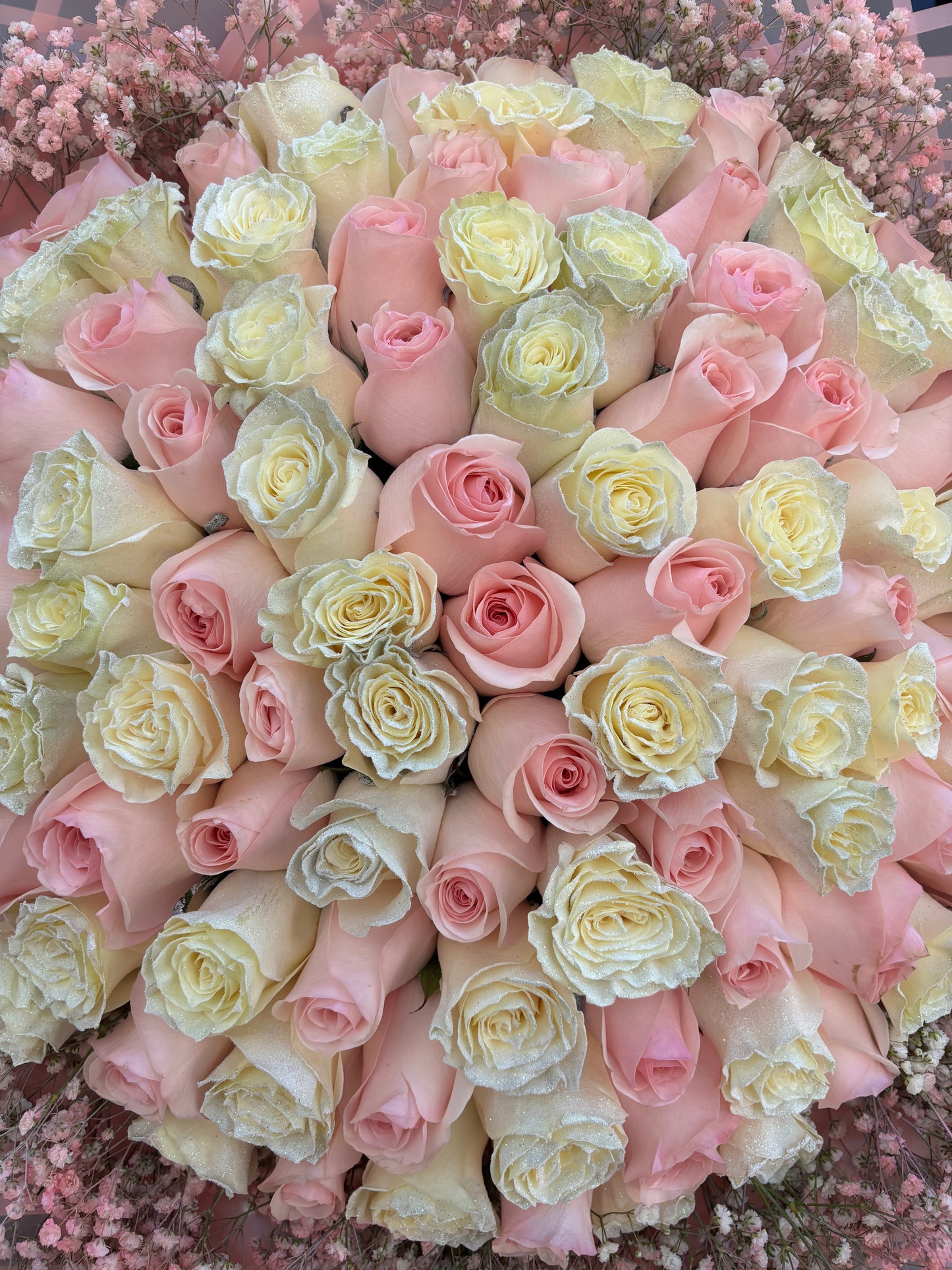 100 pinks and white  + babysbreath 🌸