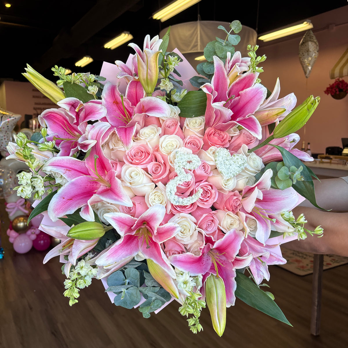 pink roses and white lilies bouquet 50 roses pink+ white and lilies + initial 💞